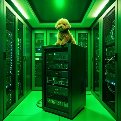 Tiny dog sitting on a server rack in a green server room